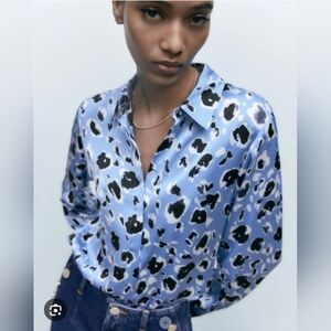 Zara Women's S Animal Print Button-Up Shirt Satin Effect, Black Blue White S
